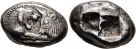 KINGS OF LYDIA. Kroisos, circa 560-546 BC. Double Siglos (Silver, 20 mm, 10.71 g), Sardes. Confronted foreparts of a lion and a bull. Rev. Two incuse ...