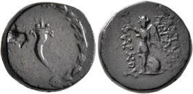 SELEUKID KINGS OF SYRIA. Timarchos, usurper, 164-161 BC. AE (Bronze, 17 mm, 6.49 g, 12 h), uncertain mint. Cornucopiae within laurel wreath. Rev. BΑΣΙ...