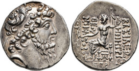 SELEUKID KINGS OF SYRIA. Demetrios II Nikator, second reign, 129-126/5 BC. Tetradrachm (Silver, 28 mm, 16.70 g, 12 h), Damaskos, SE 185 = 128/7. Diade...