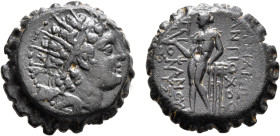 SELEUKID KINGS OF SYRIA. Antiochos VI Dionysos, 144-142 BC. AE (Bronze, 19 mm, 8.42 g, 1 h), Ake-Ptolemais. Radiate and diademed head of Antiochos VI ...