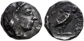 PHILISTIA (PALESTINE). Uncertain mint. Mid 5th century-333 BC. Obol (Silver, 8 mm, 0.62 g, 8 h). Head of Athena to right, wearing crested Attic helmet...