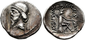 KINGS OF PARTHIA. Mithradates I, 165-132 BC. Drachm (Silver, 20 mm, 3.68 g, 12 h), Hekatompylos. Diademed and draped bust of Mithradates I to left. Re...