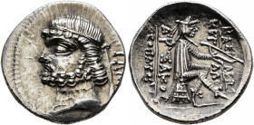 KINGS OF PARTHIA. Phraates II, 132-126 BC. Drachm (Silver, 19 mm, 3.32 g, 12 h), Tambrax, circa 128-127. Diademed and draped bust of Phraates II to le...