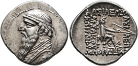 KINGS OF PARTHIA. Mithradates II, 121-91 BC. Drachm (Silver, 20 mm, 4.18 g, 12 h), Rhagai, circa 109-96/5. Diademed and draped bust of Mithradates II ...