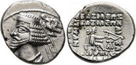 KINGS OF PARTHIA. Phraates IV, circa 38-2 BC. Drachm (Silver, 19 mm, 3.90 g, 11 h), Ekbatana. Diademed and draped bust of Phraates IV to left, being c...