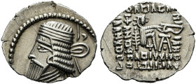 KINGS OF PARTHIA. Vologases I, circa 51-78. Drachm (Silver, 22 mm, 3.78 g, 1 h), Ekbatana, circa 58-77. Diademed and draped bust of Vologases I to lef...