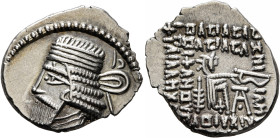 KINGS OF PARTHIA. Vologases I, circa 51-78. Drachm (Silver, 20 mm, 3.73 g, 12 h), Ekbatana, circa 58-77. Diademed and draped bust of Vologases I to le...