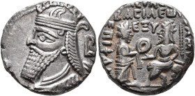 KINGS OF PARTHIA. Vologases IV, circa 147-191. Tetradrachm (Billon, 24 mm, 14.00 g, 12 h), Seleukeia on the Tigris, SE 465 = AD 153. Diademed and drap...