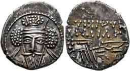 KINGS OF PARTHIA. Vologases V, circa 191-208. Drachm (Silver, 19 mm, 3.68 g, 12 h), Ekbatana. Diademed and draped facing bust of Vologases V, wearing ...