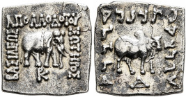 BAKTRIA, Greco-Baktrian Kingdom. Apollodotos I, circa 174-165 BC. Drachm (Silver, 16x15 mm, 2.37 g, 12 h), Indian standard, uncertain mint in Paropami...