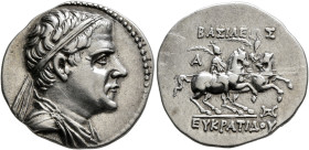 BAKTRIA, Greco-Baktrian Kingdom. Eukratides I, circa 170-145 BC. Drachm (Silver, 20 mm, 4.18 g, 12 h), Baktra, 170-162. Diademed and draped bust of Eu...