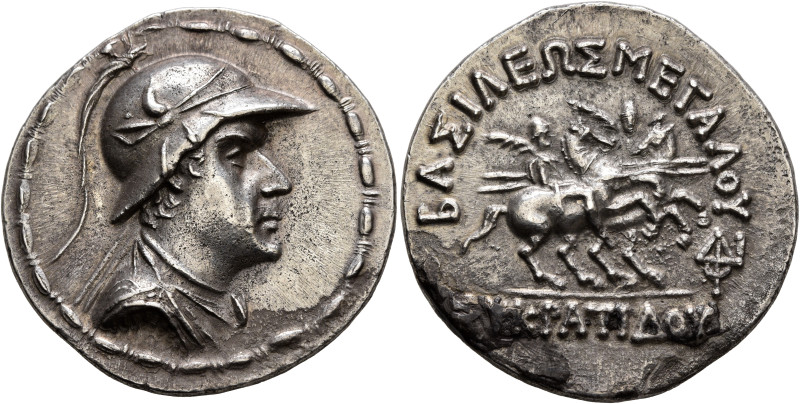 BAKTRIA, Greco-Baktrian Kingdom. Eukratides I, circa 170-145 BC. Tetradrachm (Si...