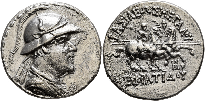 BAKTRIA, Greco-Baktrian Kingdom. Eukratides I, circa 170-145 BC. Tetradrachm (Si...