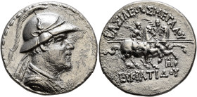 BAKTRIA, Greco-Baktrian Kingdom. Eukratides I, circa 170-145 BC. Tetradrachm (Silver, 32 mm, 16.68 g, 12 h), Baktra or an uncertain mint in the Paropa...
