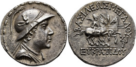 BAKTRIA, Greco-Baktrian Kingdom. Eukratides I, circa 170-145 BC. Tetradrachm (Silver, 33 mm, 16.37 g, 12 h), Baktra or an uncertain mint in the Paropa...