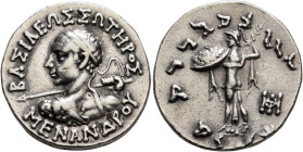 BAKTRIA, Indo-Greek Kingdom. Menander I, circa 165/55-130 BC. Tetradrachm (Silver, 24 mm, 9.73 g, 12 h), Indian standard, uncertain mint in Paropamisa...