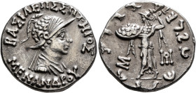 BAKTRIA, Indo-Greek Kingdom. Menander I, circa 165/55-130 BC. Tetradrachm (Silver, 24 mm, 9.32 g, 12 h), Indian standard, uncertain mint in Paropamisa...