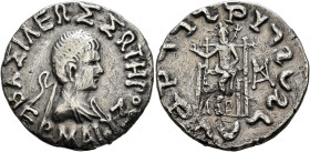 BAKTRIA, Indo-Greek Kingdom. Hermaios, circa 105-90 BC. Tetradrachm (Silver, 27 mm, 9.23 g, 12 h), Indian standard. Posthumous issue struck by Indo-Sk...