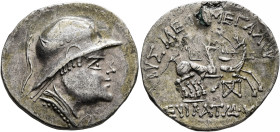 EARLY SKYTHIANS, Imitating Eukratides I of Baktria. Late 2nd century BC. Tetradrachm (Silver, 30 mm, 15.21 g, 12 h). Diademed and draped bust of Eukra...
