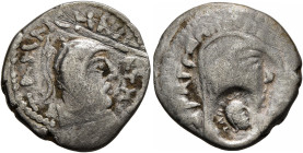INDO-PARTHIANS, Aria or Margiana. Tanlis Mardates, with Raggodeme, mid-late 1st century BC. Drachm (Silver, 18 mm, 3.48 g, 12 h). ΤΑΝΛΙC MΑΡΔΑΤΗC Helm...