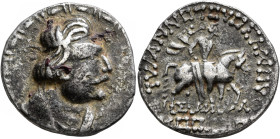 INDIA, Kushan Empire. Kujula Kadphises, circa 30/50-80. Tetradrachm (Silver, 27 mm, 12.71 g, 12 h), 'Heraios type'. Diademed and draped bust of Kujula...