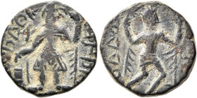 INDIA, Kushan Empire. Kanishka I, circa 127/8-152. Drachm (Bronze, 17 mm, 4.48 g, 11 h), main mint in Kapisha (Begram?). ÞAO ΚANηρKI ('King Kanishka' ...