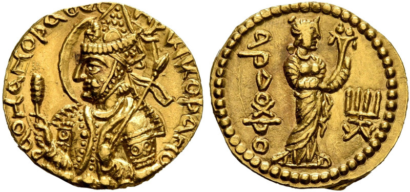 INDIA, Kushan Empire. Huvishka, circa 151-190. Dinar (Gold, 20 mm, 8.12 g, 11 h)...