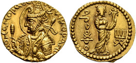 INDIA, Kushan Empire. Huvishka, circa 151-190. Dinar (Gold, 20 mm, 8.12 g, 11 h), main mint in Baktria. ÞAONANOÞAO OOηÞKI KOÞANO ('King of Kings, Huvi...