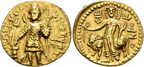 INDIA, Kushan Empire. Vasudeva I, circa 192-225. Dinar (Gold, 22 mm, 8.00 g, 12 h), main mint in Baktria, late phase. ÞAONANOÞAO BAZOΔHO KOÞANO ('King...