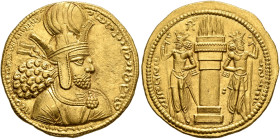 SASANIAN KINGS. Shahpur I, 240-272. Dinar (Gold, 22 mm, 7.47 g, 3 h), Mint C (Ktesiphon), circa 260-272. MZDYSN BGY ŠHPWHRY MRKAN MRKA 'YR'N MNW CTRY ...