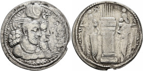 SASANIAN KINGS. Bahram II, with Queen and Prince 4, 276-293. Drachm (Silver, 27 mm, 4.06 g, 3 h), style A, uncertain mint. MZDYSN BGY WRHR'N MRKAN MRK...