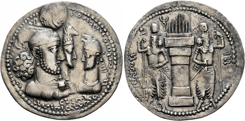 SASANIAN KINGS. Bahram II, with Queen and Prince 4, 276-293. Drachm (Silver, 27 ...