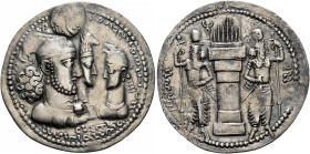SASANIAN KINGS. Bahram II, with Queen and Prince 4, 276-293. Drachm (Silver, 27 mm, 4.07 g, 9 h), Style C. MZDYSN BGY WRHR'N MRKAN MRKA 'YR'N W 'NYR'N...