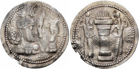 SASANIAN KINGS. Bahram II, with Queen and Prince 4, 276-293. Drachm (Silver, 28 mm, 4.16 g, 9 h), Style C. MZDYSN BGY WRHR'N MRKAN MRKA 'YR'N W 'NYR'N...