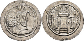 SASANIAN KINGS. Hormizd II, 303-309. Drachm (Silver, 29 mm, 4.22 g, 12 h), Style A. MZDYSN BGY HWRMZDY MRKAN MRKA 'YR'N MNW CTRY MN YZD'N ('Worshipper...