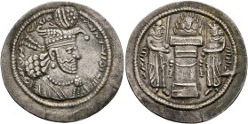 SASANIAN KINGS. Hormizd II, 303-309. Drachm (Silver, 27 mm, 4.59 g, 3 h), Style A/3. MZDYSN BGY HWRMZDY MRKAN MRKA 'YR'N MNW CTRY MN YZD'N ('Worshippe...