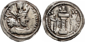 SASANIAN KINGS. Shahpur II, 309-379. Obol (Silver, 15 mm, 0.60 g, 3 h), Mint IX (Kabul). Draped bust of Shahpur II to right, wearing mural crown with ...