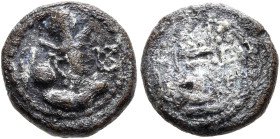 SASANIAN KINGS. Shahpur II, 309-379. Pashiz (Lead, 12 mm, 2.80 g, 3 h). Draped bust of Shahpur II to right, wearing mural crown with korymbos; before ...