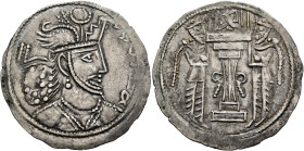 SASANIAN KINGS. Bahram IV, 388-399. Drachm (Silver, 30 mm, 3.84 g, 2 h), Marw. WLHL'N ('Bahram' in Pahlawi) Draped bust of Bahram IV, to right, wearin...