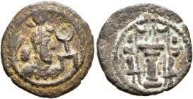 SASANIAN KINGS. Yazdgard I, 399-420. Pashiz (Bronze, 15 mm, 1.49 g, 3 h). Draped bust of Yazdgard I to right, wearing elaborate crown with korymbos an...