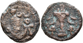 SASANIAN KINGS. Yazdgard I, 399-420. Pashiz (Bronze, 13 mm, 1.24 g, 3 h). Draped bust of Yazdgard I to right, wearing elaborate crown with korymbos an...