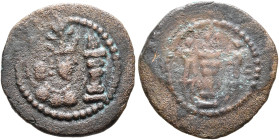 SASANIAN KINGS. Yazdgard II, 438-457. Pashiz (Bronze, 14 mm, 1.27 g, 11 h). Draped bust of Yazdgard II to right, wearing mural crown with korymbos set...