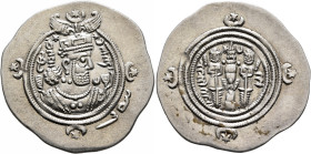 SASANIAN KINGS. Khosrau II, 591-628. Drachm (Silver, 31 mm, 4.00 g, 3 h), AW (Ohrmazd-Ardashir), RY 26 = AD 616. Draped bust of Khosrau II to right, w...