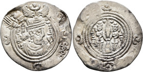 SASANIAN KINGS. Khosrau II, 591-628. Drachm (Silver, 31 mm, 3.74 g, 3 h), ŠY (Shiraz), RY 29 = 619. Draped bust of Khosrau II to right, wearing elabor...