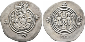 SASANIAN KINGS. Khosrau II, 591-628. Drachm (Silver, 32 mm, 4.00 g, 9 h), AHM (Hamadan), RY 33 = AD 623. Draped bust of Khosrau II to right, wearing e...