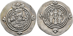 SASANIAN KINGS. Khosrau II, 591-628. Drachm (Silver, 31 mm, 4.09 g, 4 h), NY (Nemavand), RY 33 = AD 623. Draped bust of Khosrau II to right, wearing e...