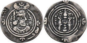 SASANIAN KINGS. Khosrau II, 591-628. Drachm (Silver, 28 mm, 3.29 g, 9 h), NY (Nemavand), RY 35 = AD 624. Draped bust of Khosrau II to right, wearing e...
