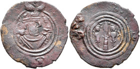 SASANIAN KINGS. Khosrau II, 591-628. Pashiz (Bronze, 21 mm, 1.78 g, 4 h), GL or BL, date illegible. Draped bust of Khosrau II to right, wearing elabor...
