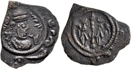 SASANIAN KINGS. Khosrau II, 591-628. Pashiz (Bronze, 15 mm, 0.50 g, 7 h), ST (Stakhr), date illegible. Draped bust of Khosrau II to right, wearing ela...