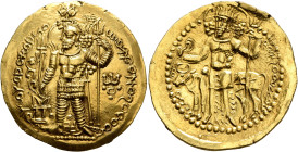 KUSHANO-SASANIANS. Hormizd I, circa 265-295. Dinar (Gold, 28 mm, 7.87 g, 12 h), uncertain mint in Baktria, probably Balkh. ΩΥPOMOZΔΟ OOZOPKO KOÞANO ÞA...